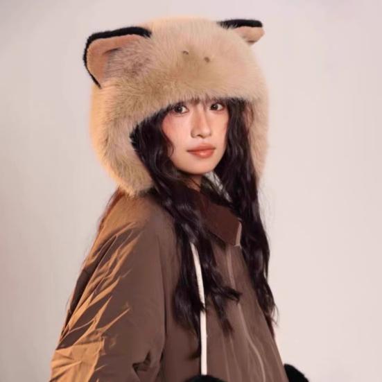 Women Hat Knitted Windproof Warm Winter Lei Feng Hat Cartoon Cat Shape Elastic Solid Color Thermal Cap
