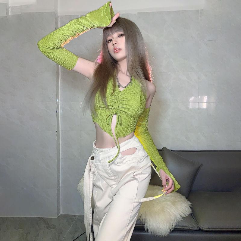 Женский топ Y2K на шнуровке с лямкой на бретельках + разделенные рукава, сексуальные укороченные топы до пупка, облегающие короткие шорты цвета авокадо, Egirl, весна и лето