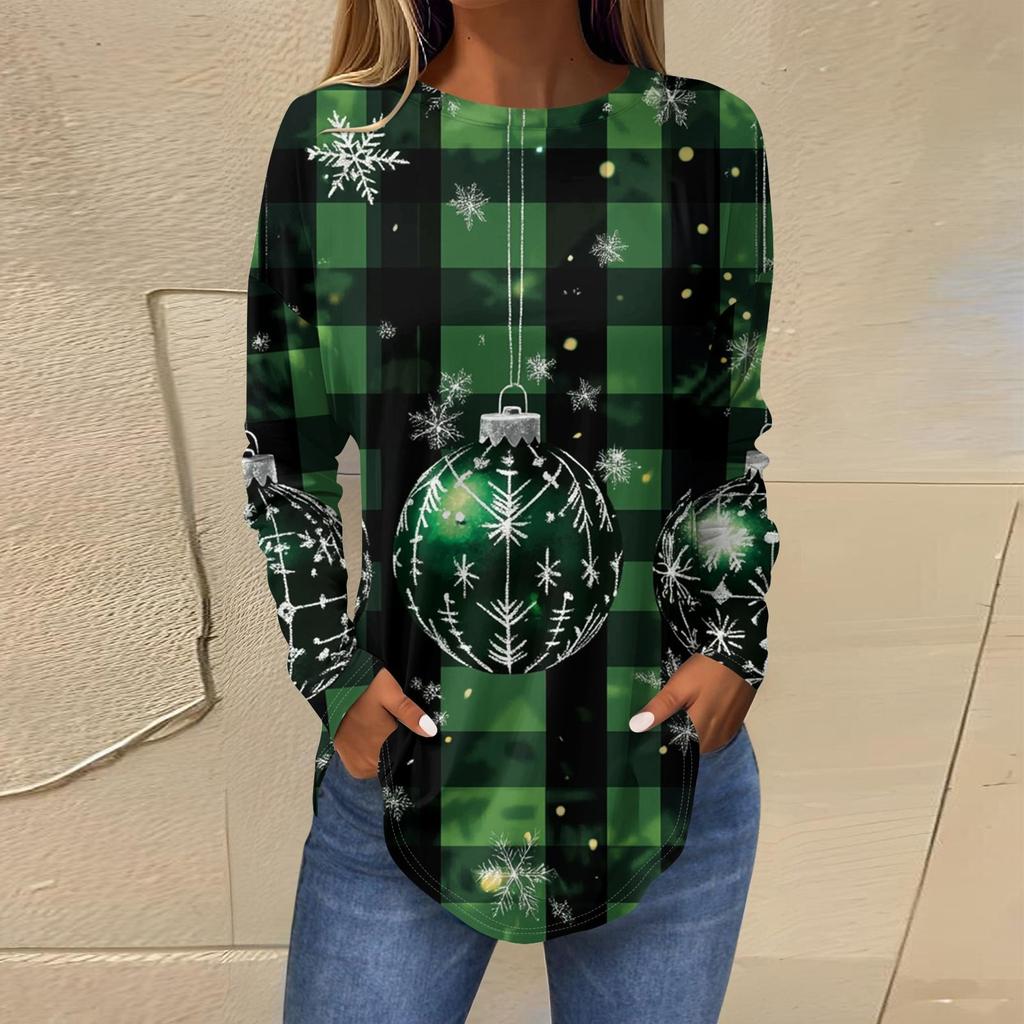 Женская свободная футболка с круглым вырезом и длинными рукавами с принтом в стиле ретро, пуловер на Рождество