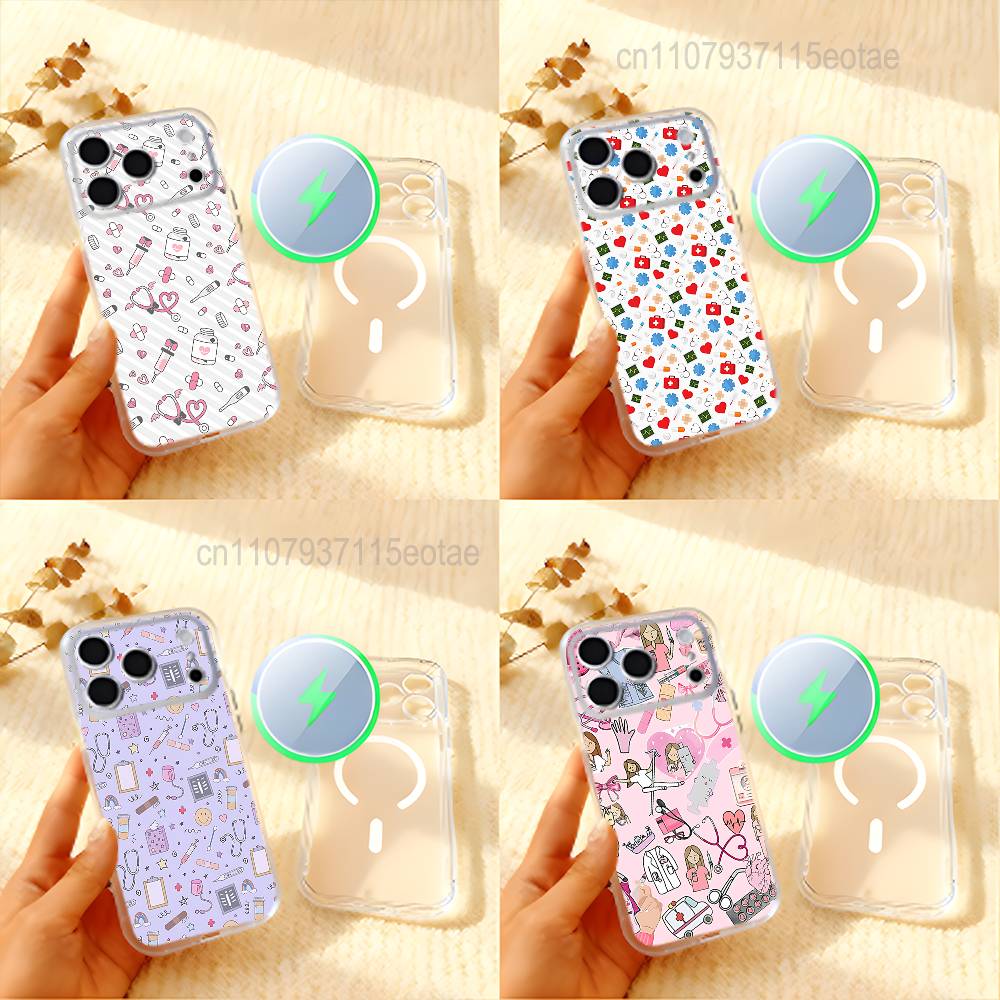 Мультяшный чехол с магнитом, матовый прозрачный, для iPhone 17,16,15,14,13,12,11 Pro,Max,Plus,Mini,Air,E, с изображением врача, медсестры