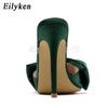 Eilyken Summer Silk Butterfly-knot Mule High Heels Slippers Sandals Flip Flops Pointed Toe Strappy Slides Party Women Slippers Shoes