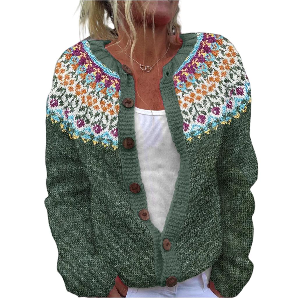 Кардиганы в стиле Fair Isle для женщин, с круглым вырезом, свободного кроя, на пуговицах, объемный свитер, с открытой передней частью, повседневная вязаная куртка на осень