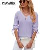 Spring and Summer Women's T-shirt New Button V-neck Solid Color Loose T-shirt Mid-sleeved Tops