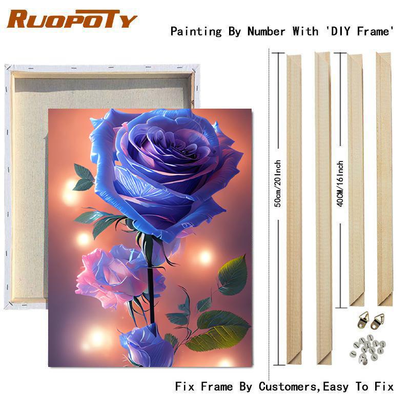 RUOPOTY Diy Painting By Numbers With Frame Blue Rose Acrylic Paint On Canvas Picture By Numbers For Adults Starter Kits 40x50cm