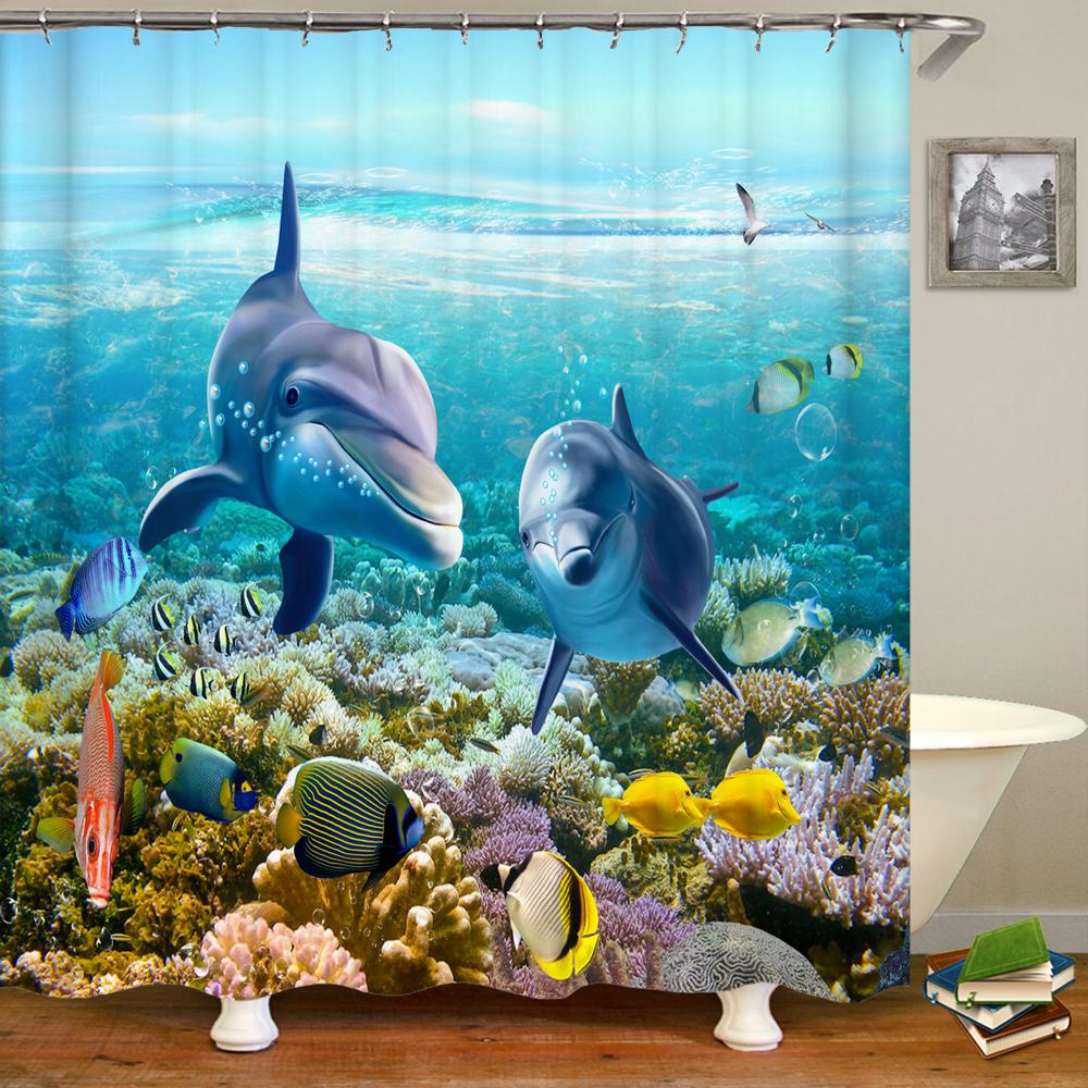 Cartoon Dolphin Shower Curtain Waterproof Home Decoration Curtain Ocean Sea Beach landscape Printed Bathroom Curtain With Hooks
