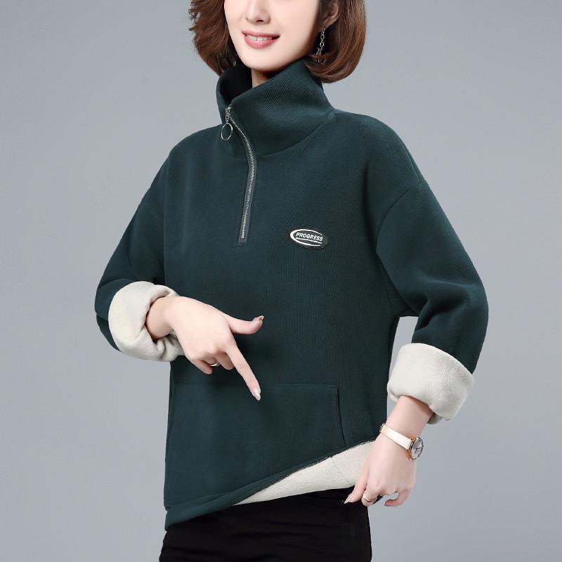 Женский утолщенный бархатный пуловер с застежкой-молнией на половину длины - модная свободная толстовка с воротником-стойкой на осень/зиму 2023 года