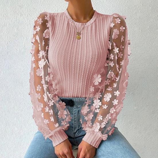 Women Spring Summer Pullover Tops O-neck Flower Decor Mesh Sleeve Chiffon Tops Solid Color Slim Fit Breathable Blouse