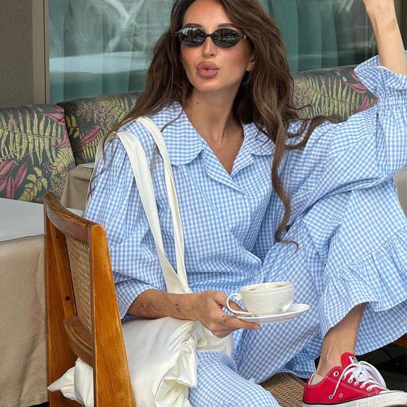 Рубашка с рисунком листьев лотоса, брюки сбоку, комплект из двух предметов, весенняя женская блузка с длинными рукавами и лацканами + свободные брюки с высокой талией, женский наряд