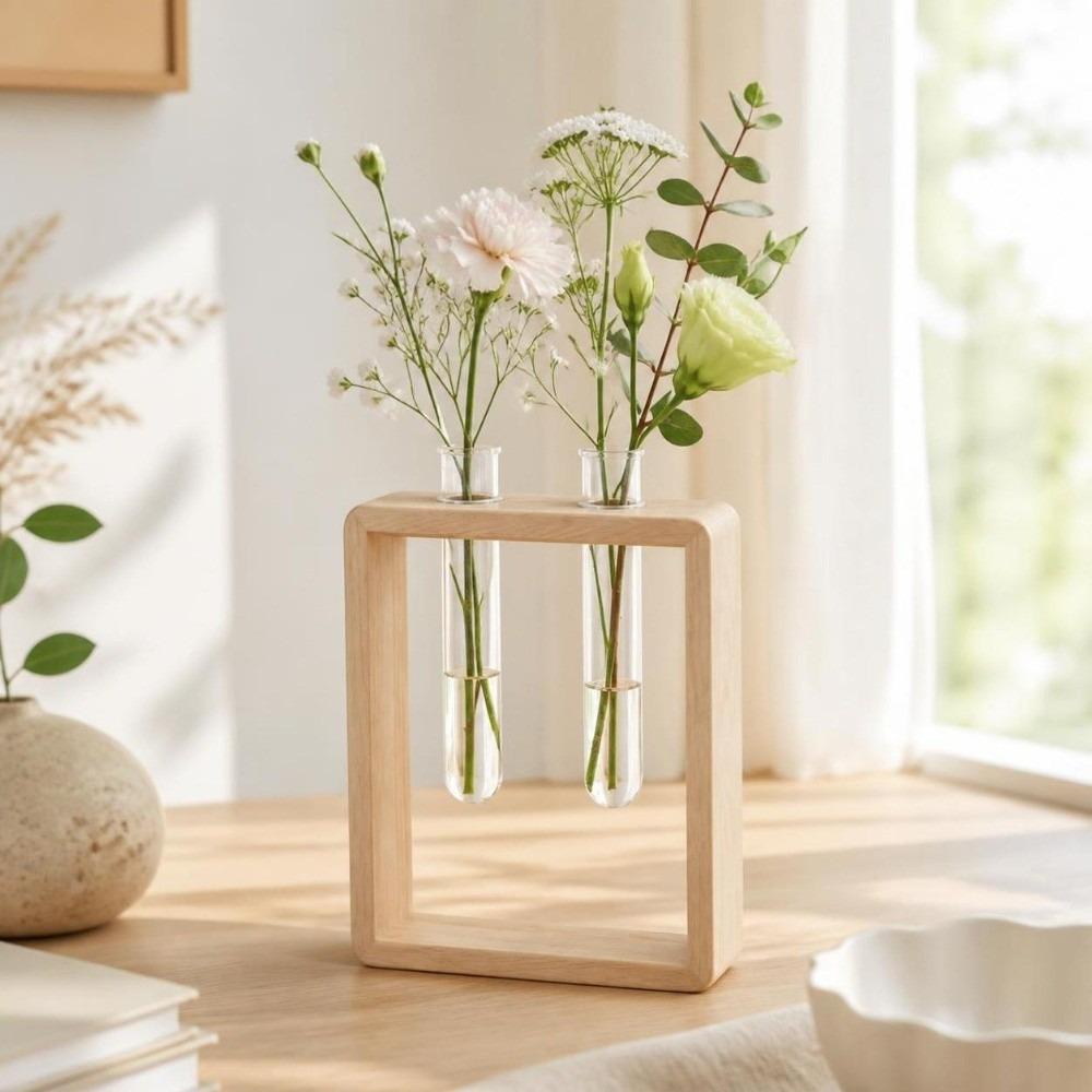 Wooden Hydroponic Flower Vase Home Decoration Flower Holder Glass Tube Vase Living Room