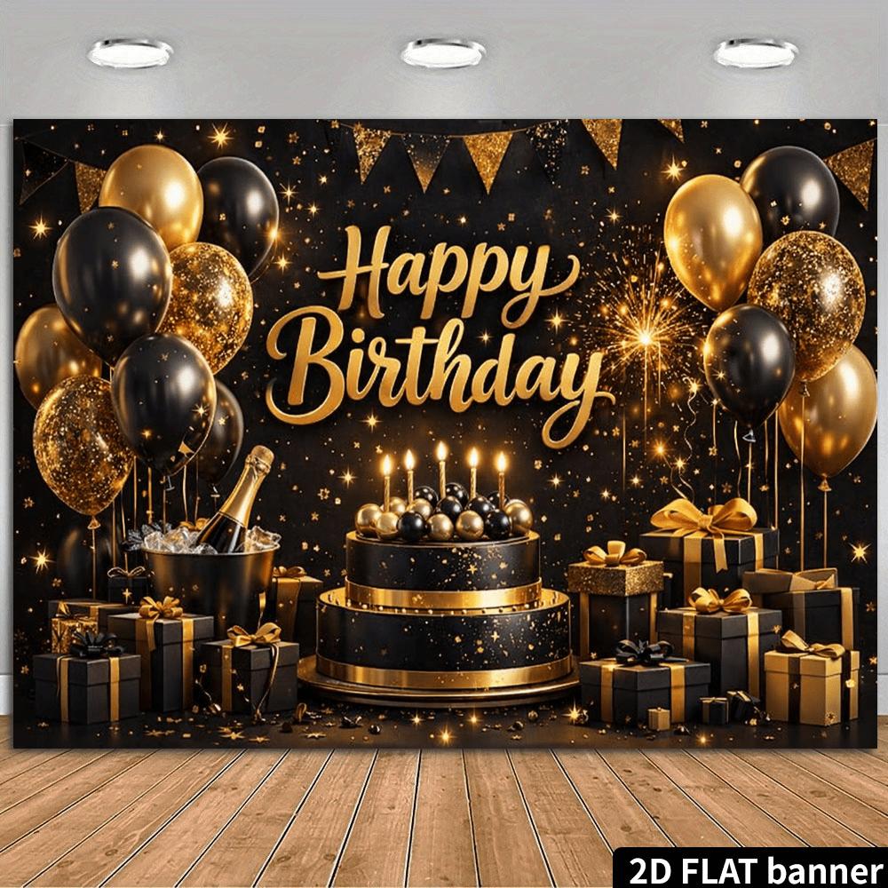 2D Plane Black-Gold Luxurious Birthday Party Background Cloth, Black-Gold BalloonsDJH