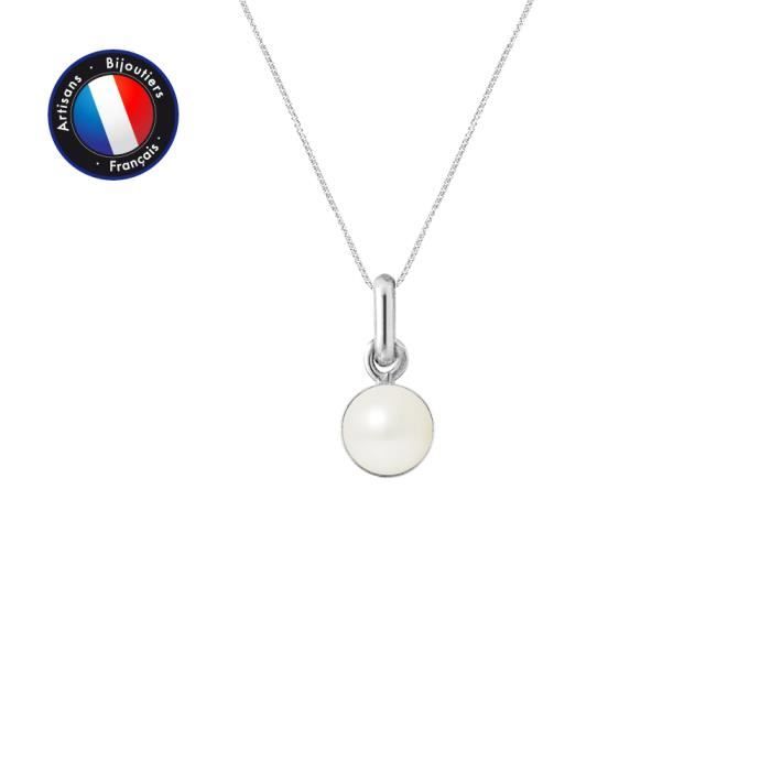 Pendant - PERLINEA - Genuine Freshwater Cultured Pearl 6-7 Mm - White Gold - 42 Cm Silver Chain