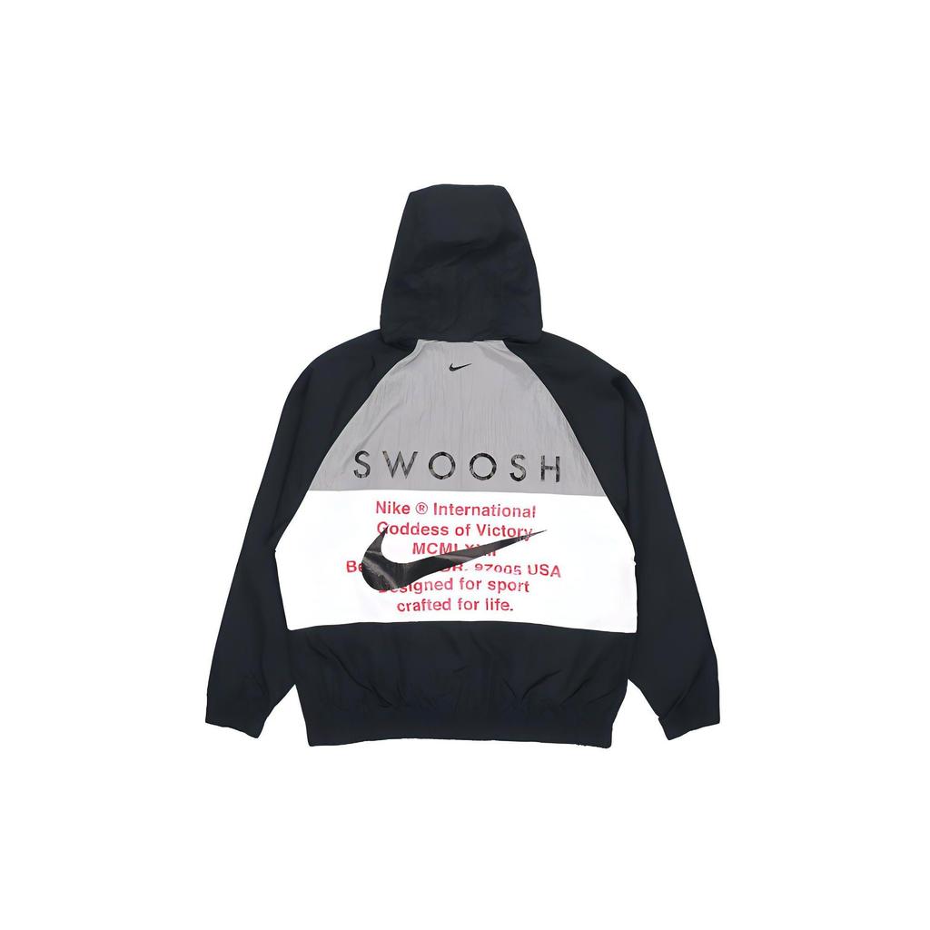 Nike Ветрозащитная спортивная тканая куртка с капюшоном Swoosh с двойным крючком, мужские куртки черного цвета DJ9647-011