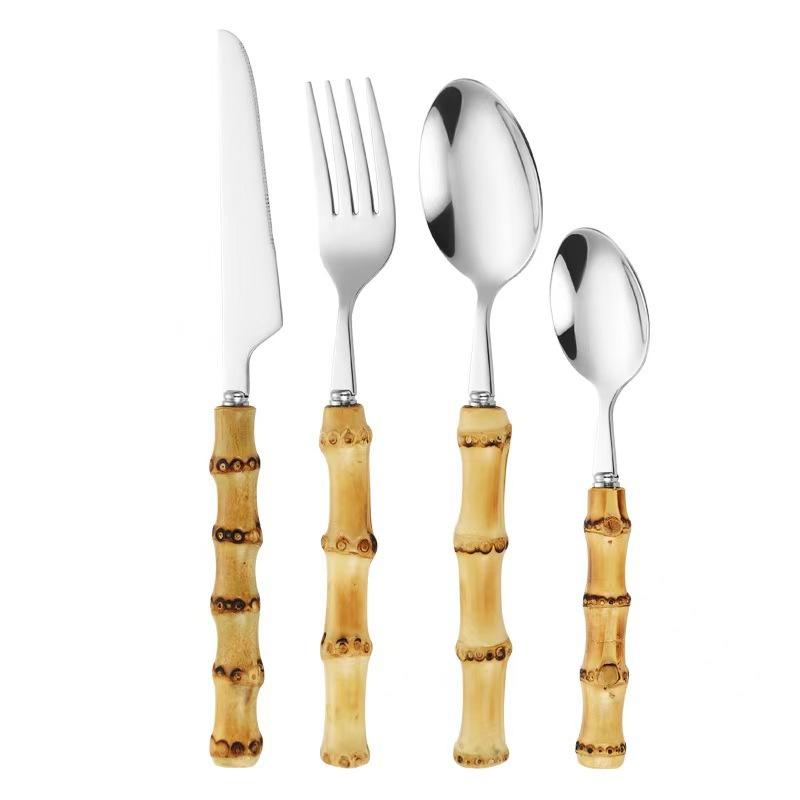 4 Pieces Bamboo Handle Set Natural Bamboo Flatware Stainless Steel Cutlery Utensils, Include Knife Fork Spoon Teaspoon