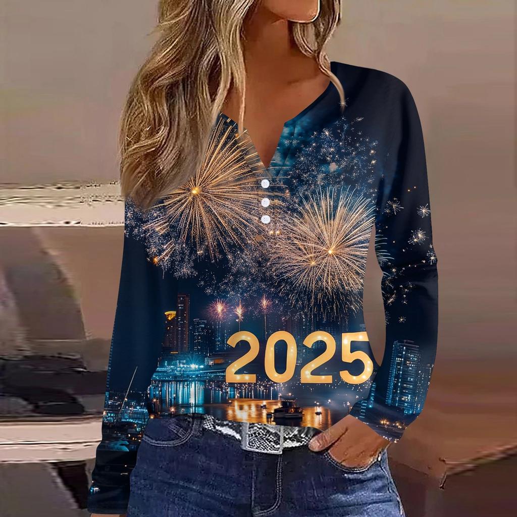 Жен. Футболка Футболка С принтом Пуговицы Длинный рукав Повседневные Выходные Мода Классический V-образный вырез Обычный Верх