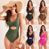 Women Fashion Sexy One Piece Padded Hollow Out Bikini Swimsuit Solid Tummy Control Monokini Front Cross Hot Spring Swimwear Lace Up Back Bathing Suit