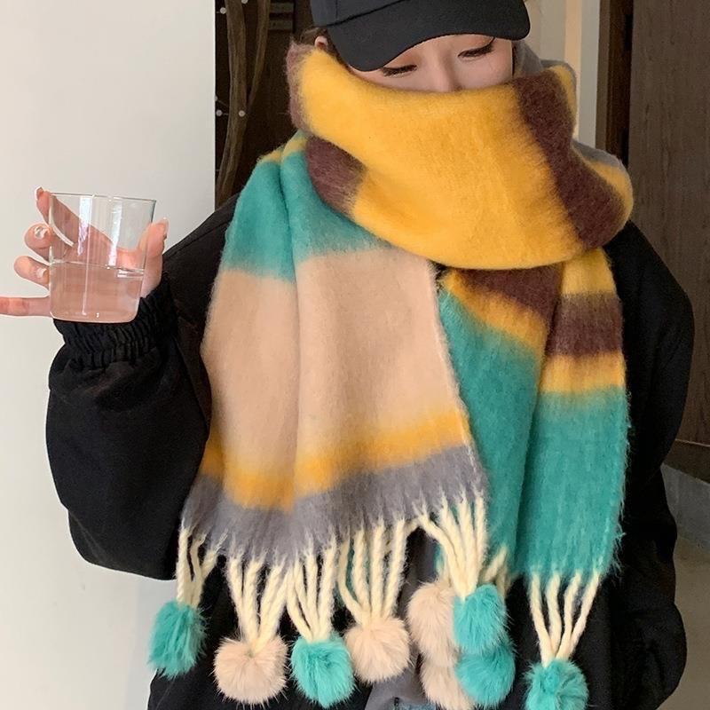 Дофаминовый мохеровый студенческий шарф Женский осенне-зимний тренд Радужный полосатый шарф Меховой помпон для тепла