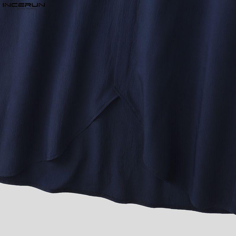 INCERUN Мужские рубашки-туники с отложным воротником, длинными рукавами, пуговицами, неровным подолом и высокими разрезами