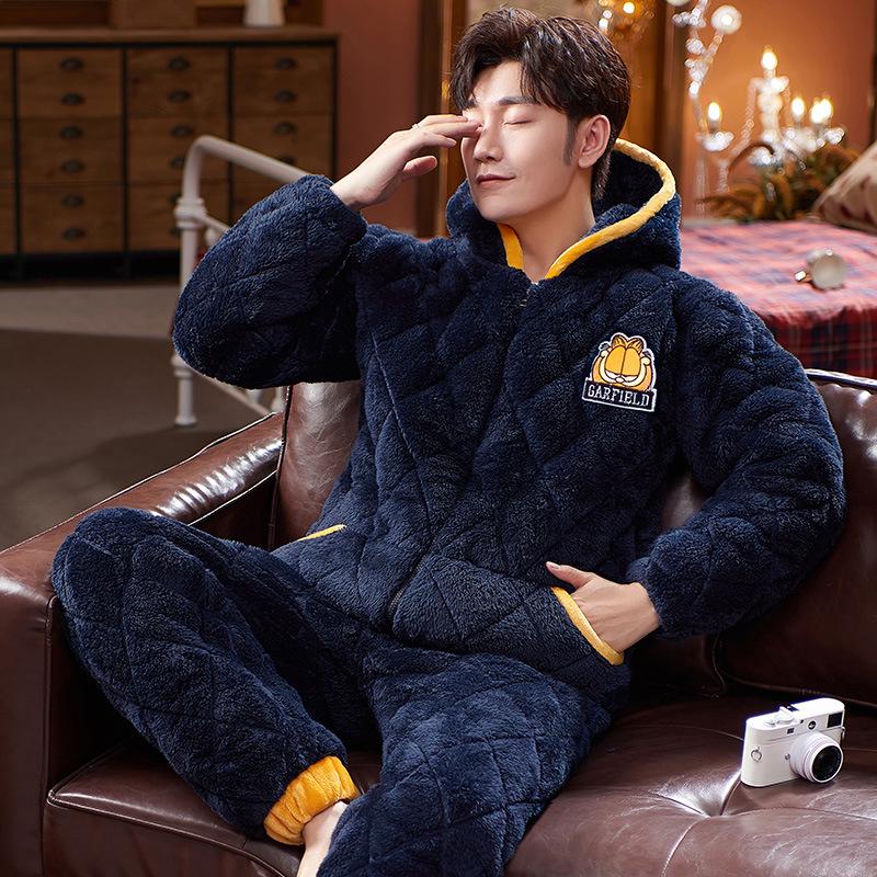 Men's Winter Hooded Quilted Pajama Set: Thick, Plush, Large Size Flannel Jacket