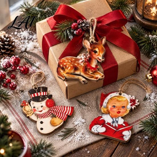 Santa Snowman Deer Ornaments 12Pcs/Set Poplar Wood Christmas Ornament Set with Hanging Lanyards Claus Retro Style Party Favors Decoration for Holiday