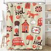 Vintage London-themed Bath Curtains Featuring Union Jack Flags, Red Buses, Foxes, and Other Iconic British Elements for a Classi
