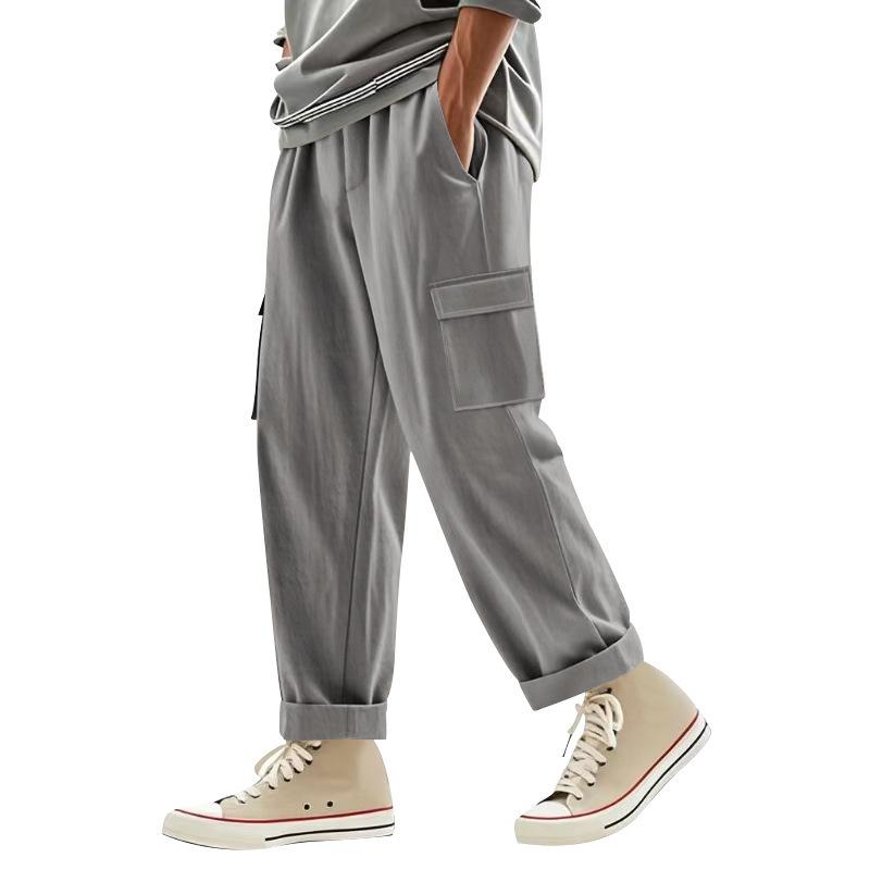 Мужские льняные брюки четыре сезона тонкий дышащий рабочий костюм многокарманные свободные повседневные трендовые широкие брюки