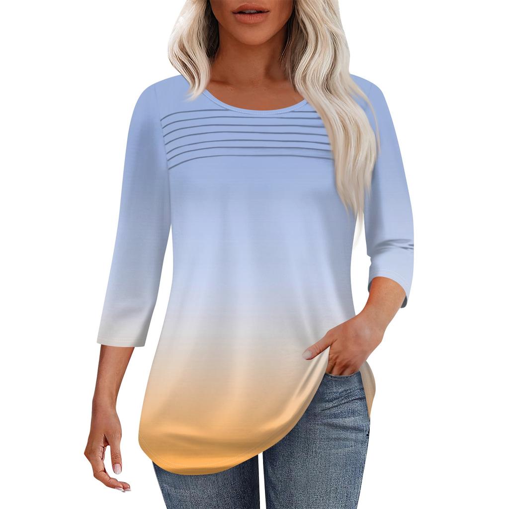 Women's Fashion Round Neck Pleated Front Placket Solid Color 3/4 Sleeve Top