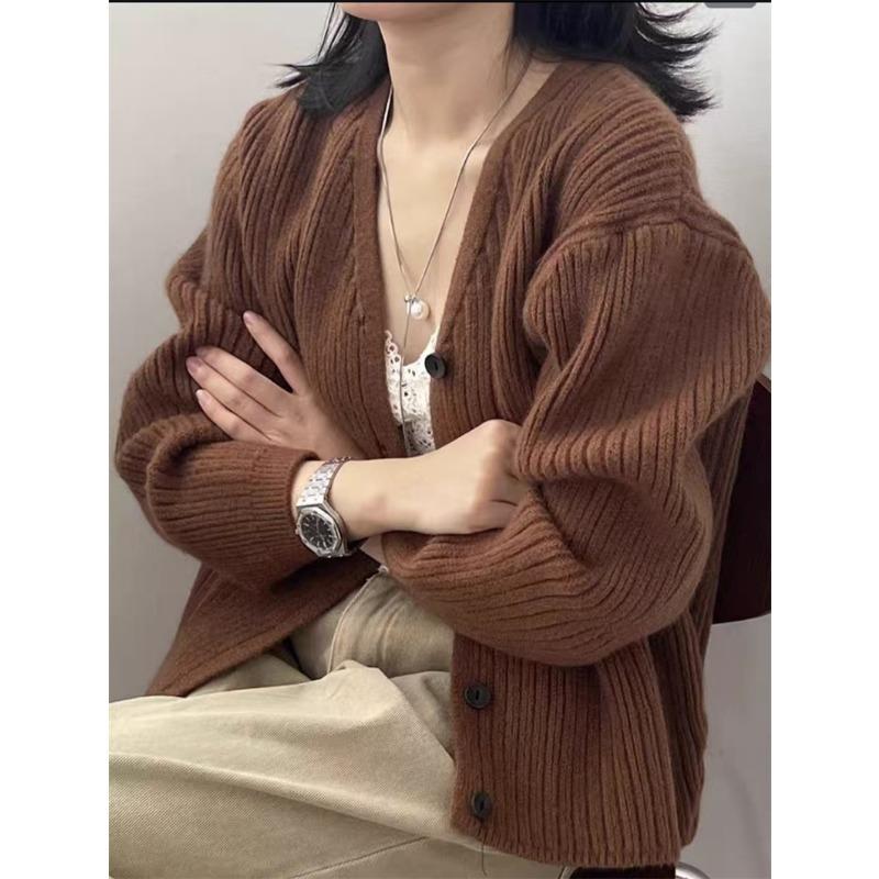 Винтажный ленивый ветер V-образный вырез вязаный кардиган женская одежда осень и зима новый свободный высококлассный свитер с длинным рукавом куртка женская