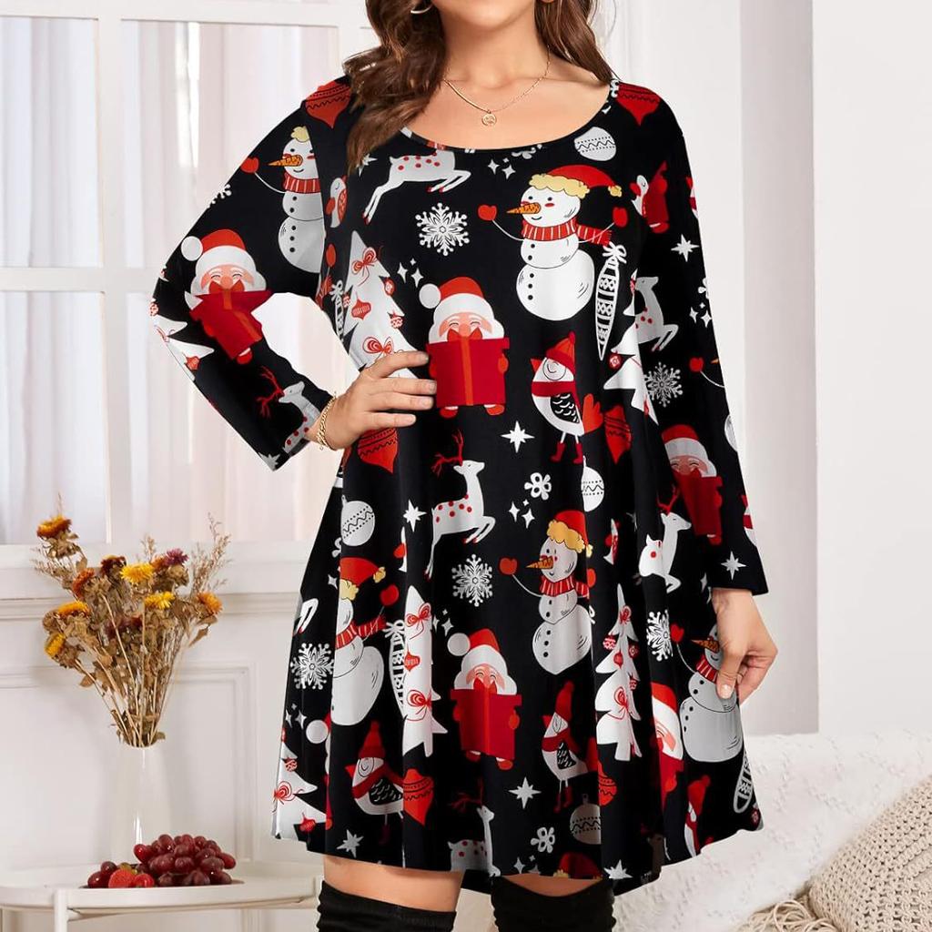 Весенне-осенние модные рождественские платья с мультяшным принтом, женское платье среднего размера с рукавами среднего размера