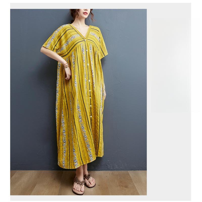 Летняя юбка длиной до колена с принтом для женщин больших размеров, литературное свободное платье с V-образным вырезом