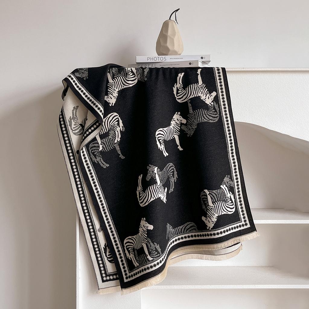 Women Luxury Warm Cashmere Poncho Shawl Scarves Zebra Print Thick Pashmina Winter Blanket Wrap Casual Hijab Stole Scarf