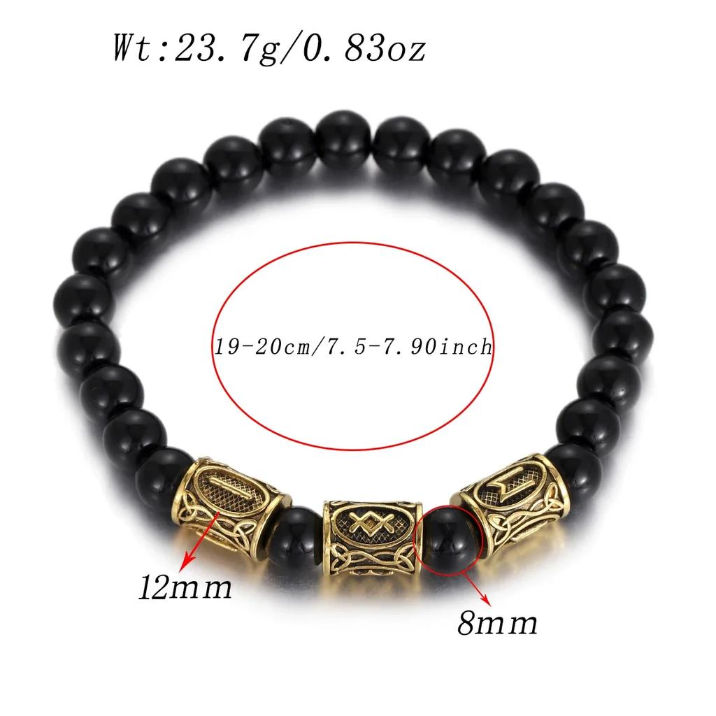 Классический золотой браслет с рунами викингов, 8 мм, из лавового камня, ручная работа, эластичное украшение для женщин и мужчин.