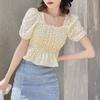 Women's Slim Lace Stitching Sweet Floral Print Blouse Square Neck Puff Short Sleeve Wild Crop Top