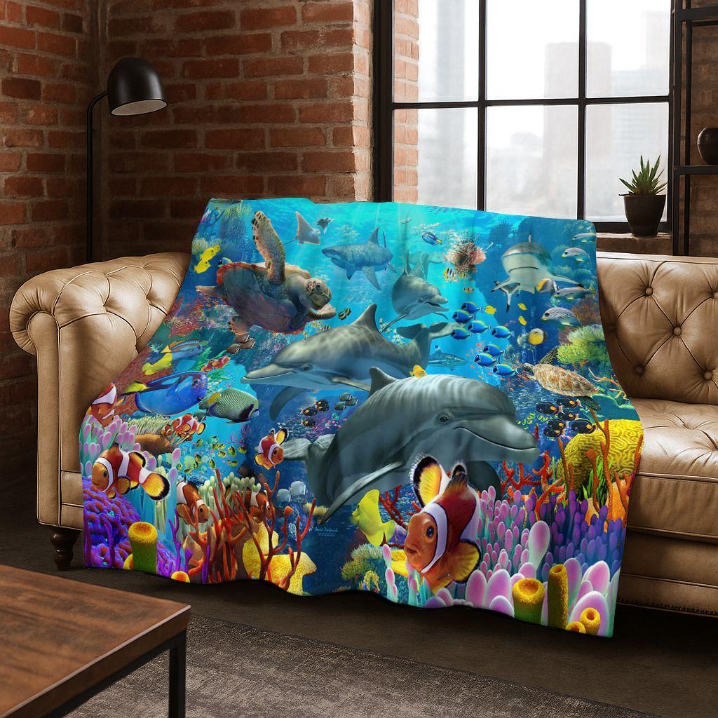 26 Style Underwater World Sea Dolphin Turtle Coral Art Flannel Blanket,Cozy Soft Throw Blanket for Home Bedroom Bed Sofa Kids