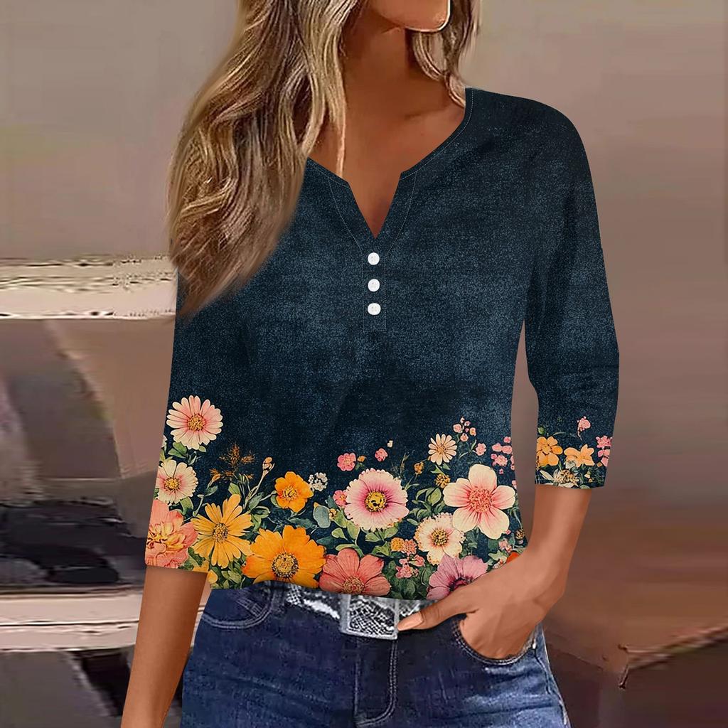 Женская модная повседневная футболка с v-образным вырезом и декоративными пуговицами, рукавом три четверти, с цветочным принтом, топ