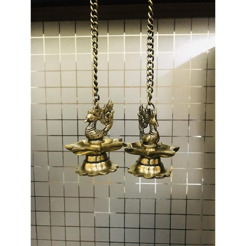 Brass Peacock Carved Hanging Diya Set, Antique Yellow -Pack of 2, Standard New