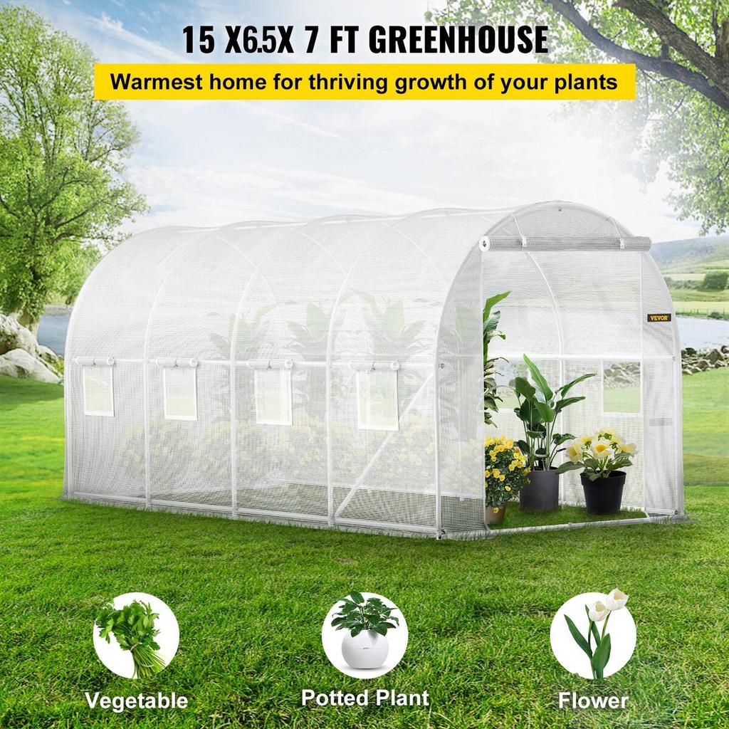 Walk-in Tunnel Greenhouse, 15 x 6.5 x 7 ft Portable Plant Hot House w/ Galvanized Steel Hoops, 1 Top Beam, 2 x Diagonal Poles, 2 Zippered Doors & 8