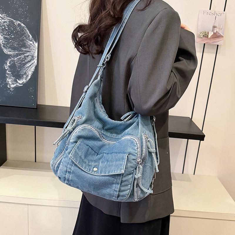 Minimalist Large Capacity Denim Bag With Multiple Pockets For Daily