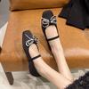 Bow Rhinestone Single Shoes Women's 2025 Spring New Versatile Thick Heel Square Head One-word Buckle Temperament Flat Shoes