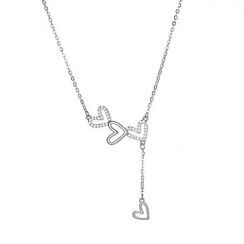 Elegant Three Heart Pendant Necklace with Tassel Delicate Layering Chain Minimalist Design Gift for Her