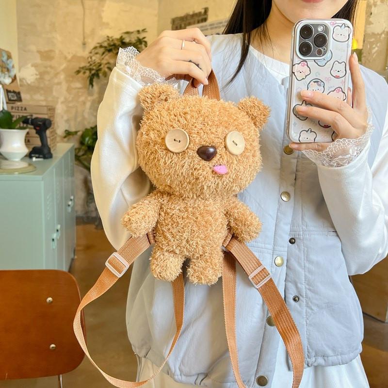 Button Bear Eyes Cartoon Plush Backpack Cute Girl Bag For School Travel And