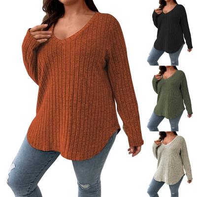 Женские И Зимние Однотонные Большого Размера Топы V-образный вырез Длинный рукав Полоска Фрезерованная Свободная Футболка-пуловер