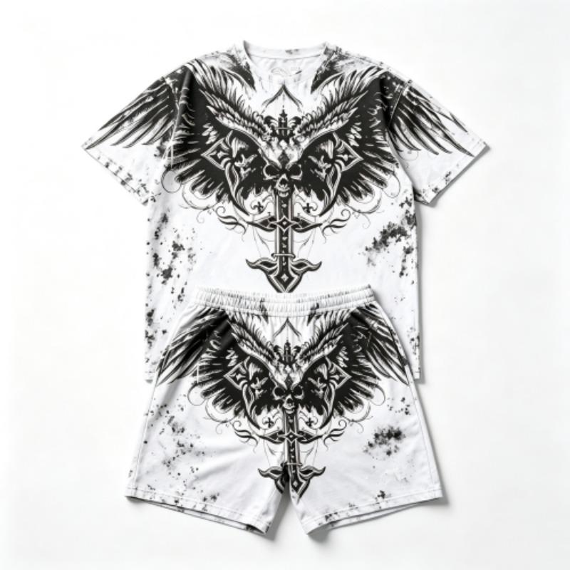 Summer Y2K Vintage Cross Skull Wings Graphic Printed Round Neck Short Sleeved T-Shirt And Shorts Set Men's and Women's T-shirt Shorts Set
