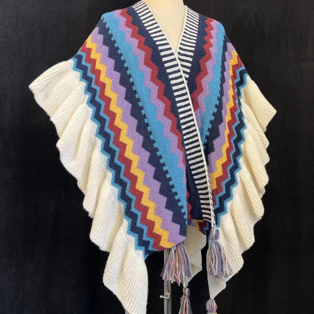 Womens Ethnic Retro Head Cape Thick Color Striped Shawl Scarf