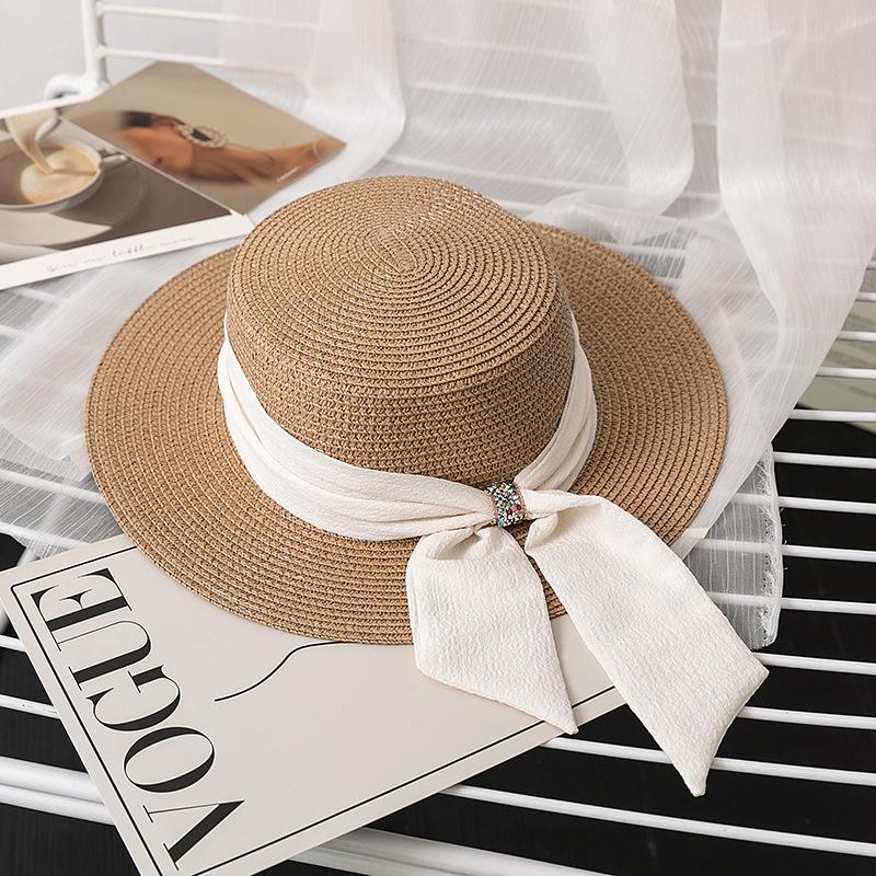 Women's Fashionable Straw Sun Hat with Floral Bow, Summer Beach and Seaside Protection