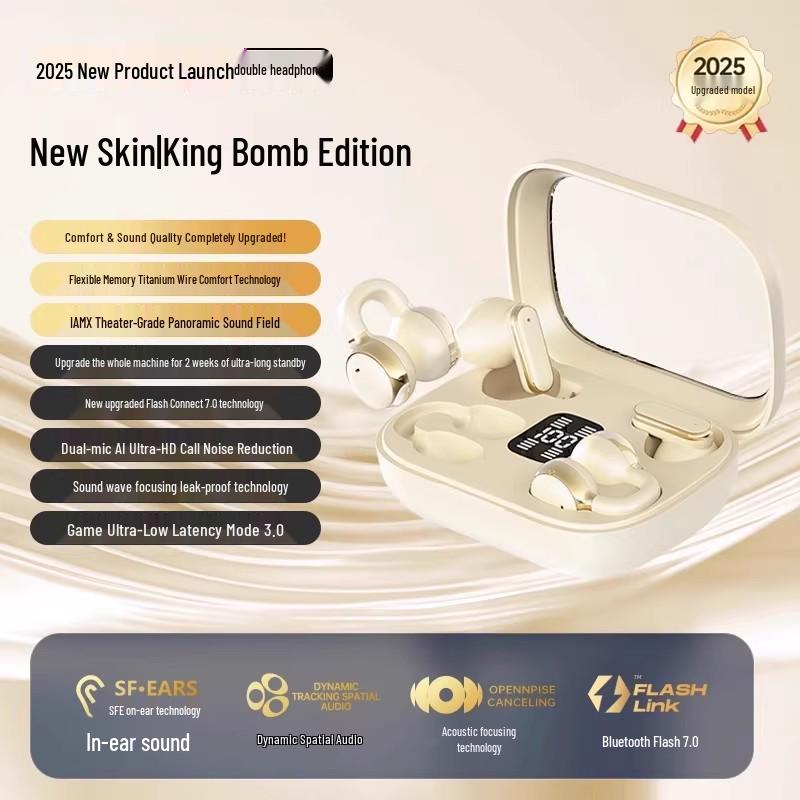 2025 Bluetooth Dual Earphones: Wireless Ear Clip, Semi-in-ear, Noise Reduction, Long Battery Life, Ideal for Running. Includes Two Pairs.