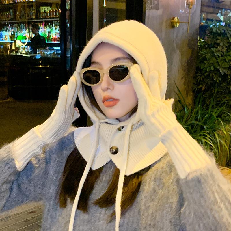 One-piece Solid Color Drawstring Hooded Scarf, Windproof Winter Beanie Hat & Scarf Set