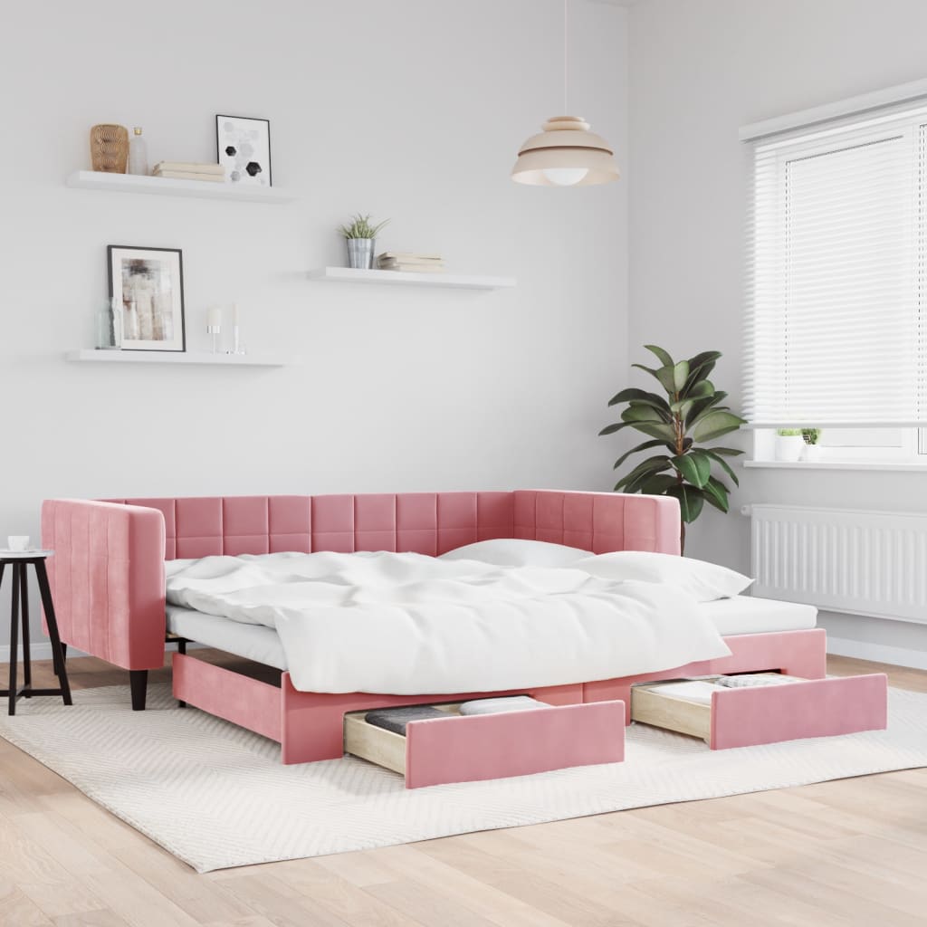 Pull Out Daybed with Drawers Pink 100x200 cm Velvet