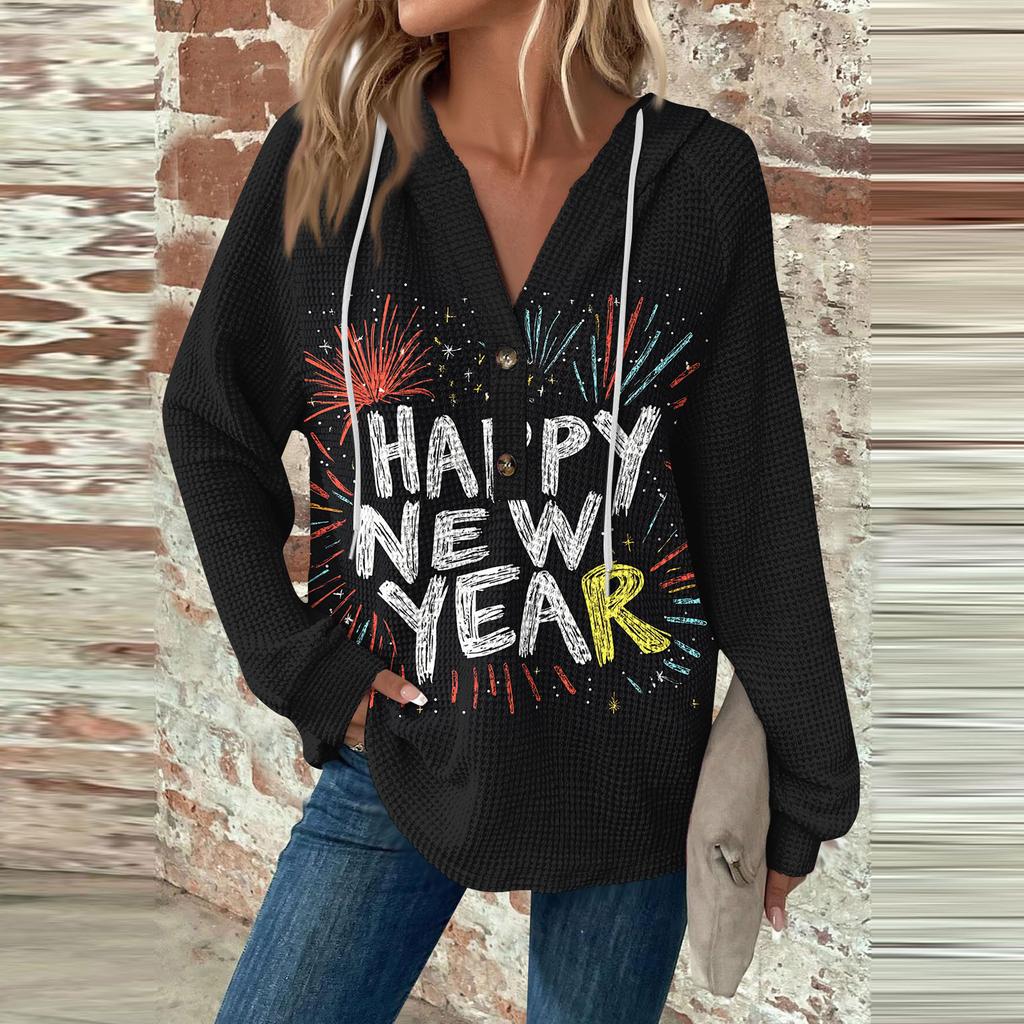 Женская мода с длинным рукавом, завязками на шнурке, капюшоном, пуговицами, V-образным вырезом, повседневная толстовка с капюшоном и рождественским принтом