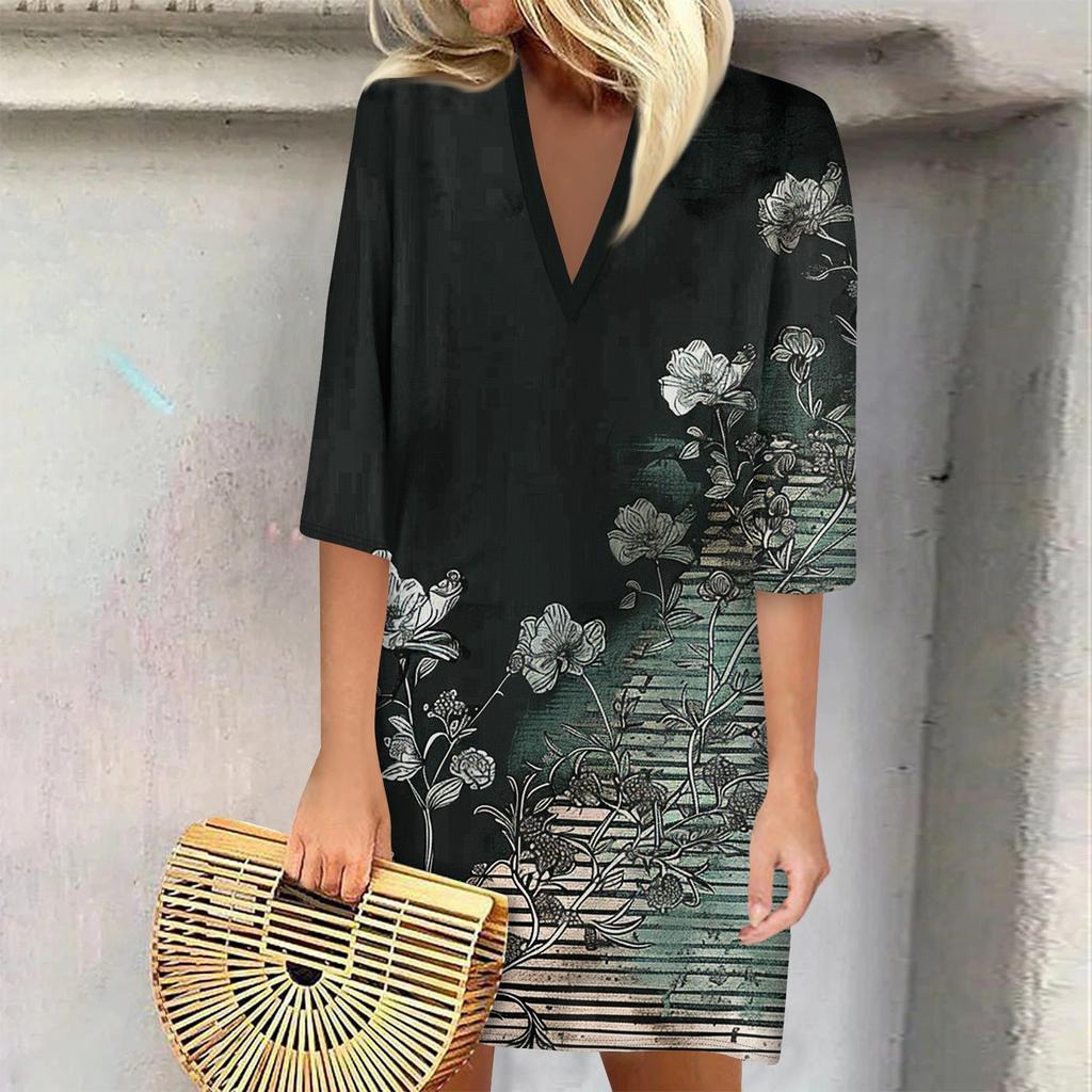 Summer Dresses For Women 2024 Fashion Casual Printed Loose V Neck 3/4 Sleeve Dress