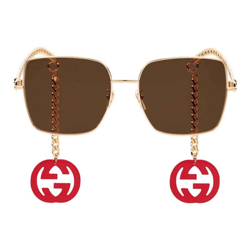 Gucci Красная подвеска Золотая оправа Квадратные солнцезащитные очки Красные Мужские Сплав Круглые Солнцезащитные очки Мужские